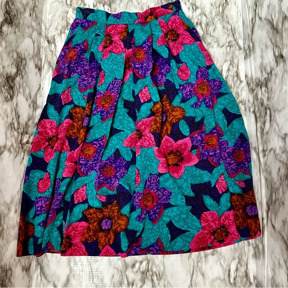Fire Islander Petite Womens Sz S 80s Bold Bright Midi Skirt Electric Floral Vtg - Picture 3 of 7